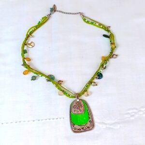 COLD Water Creek Bohemian Green Beaded Silver Pendant‎ 20 Long